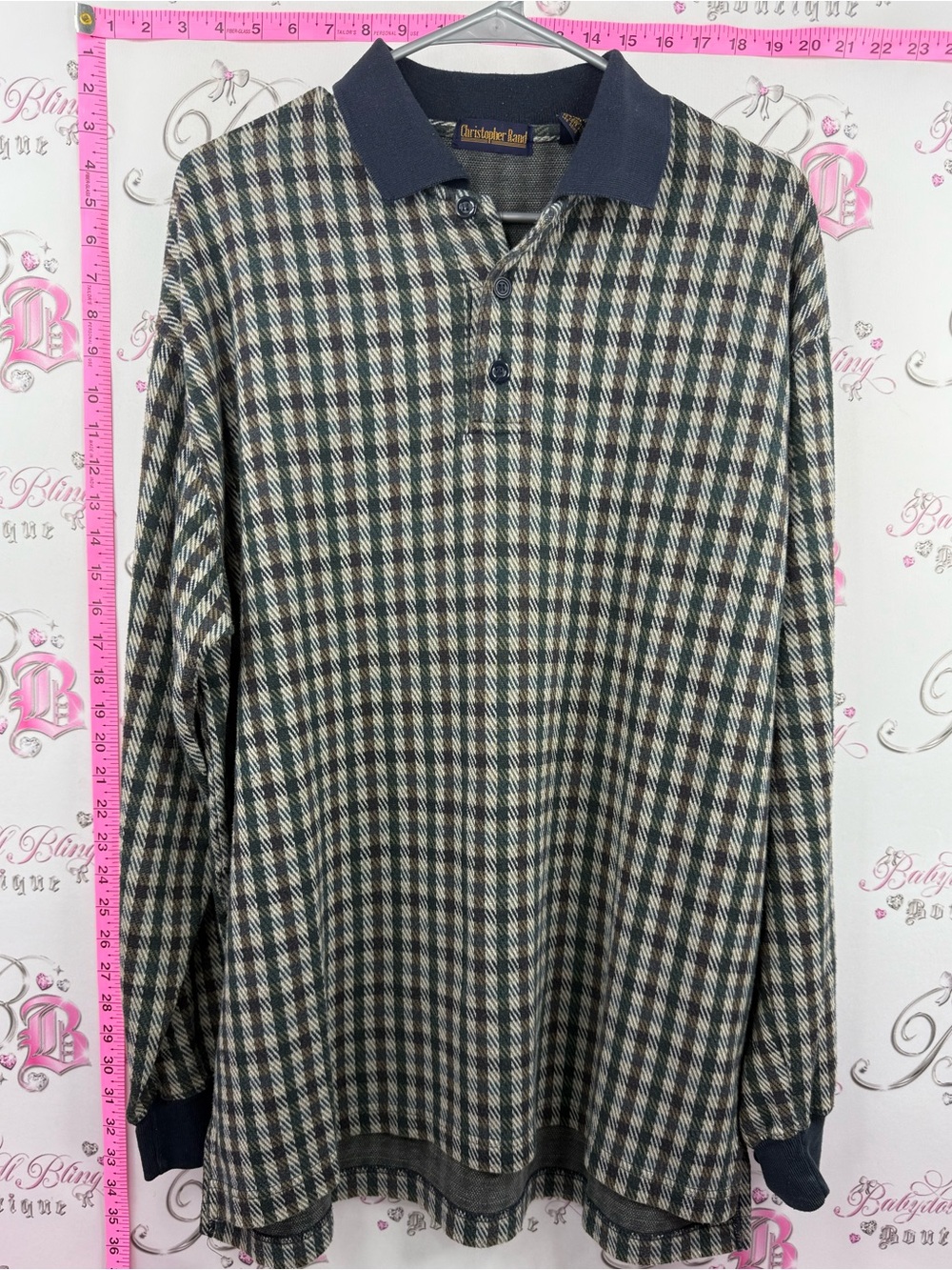 Christopher Rand long sleeve vintage Navy and Cream Houndstooth Long-Sleeve Polo